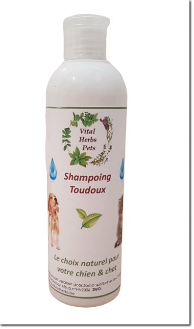 Shampoing Toudoux aux huiles essentielles  est respectueux de la peau et du pelage.
